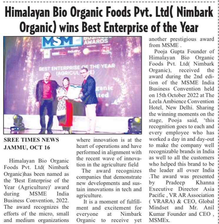Himalayan Bio Organic Foods Pvt. Ltd wins Best Enterprise of the Year  award during MSME India Business Convention, 2022